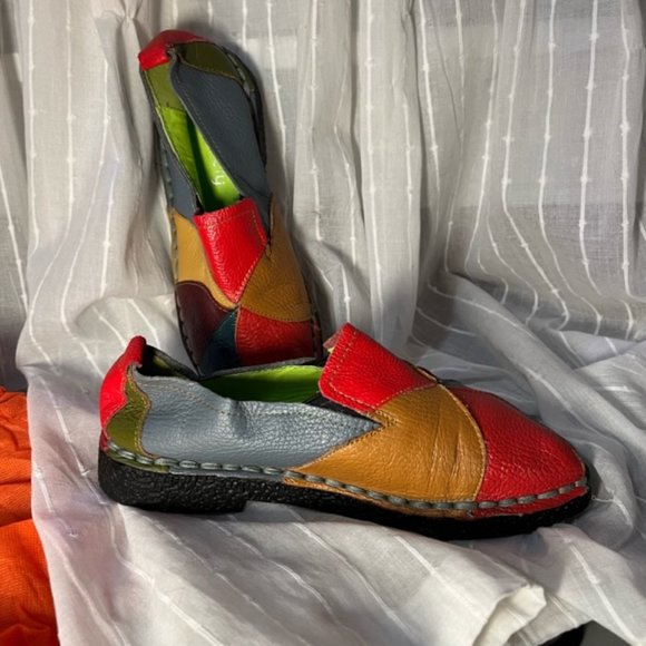 Socofy Handmade Soft Leather Colorful Patchwork flats with bag - Picture 2 of 8